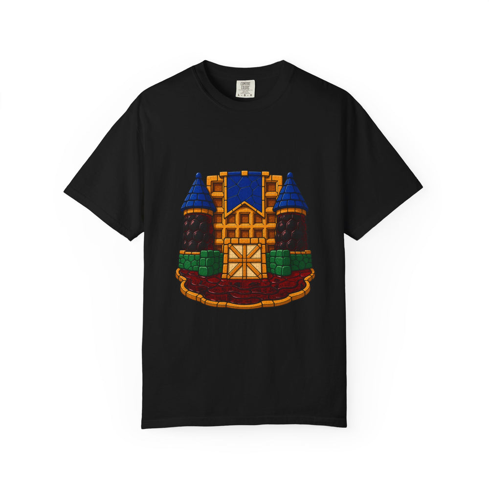 Waffle Fortress Stained Glass Adventure Graphic Tee graphic on a Black tee