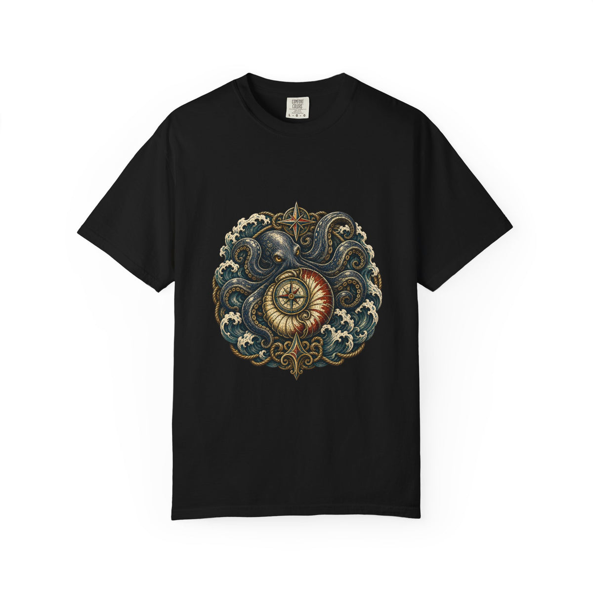 Woodcut Kraken Compass Shell T-Shirt Graphic