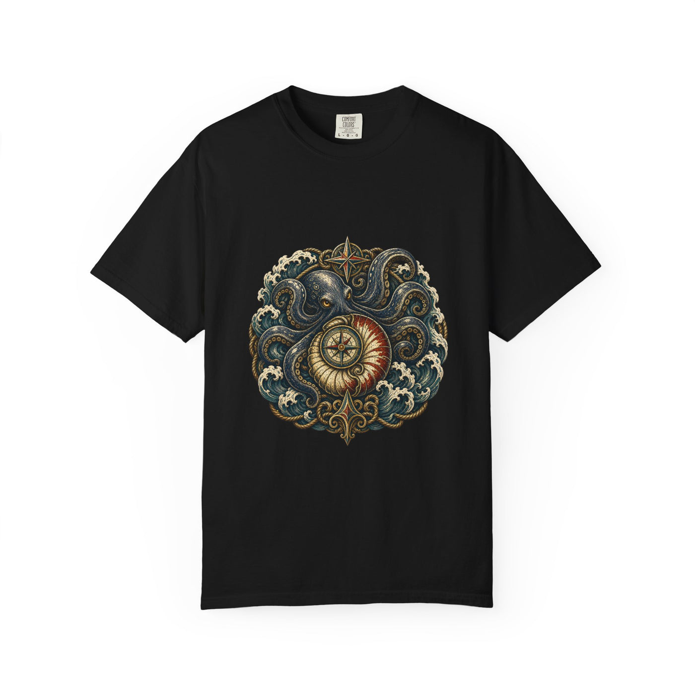 Woodcut Kraken Compass Shell T-Shirt Graphic