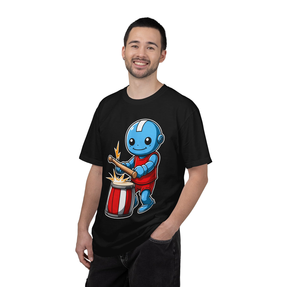 Blue Robot Drumbeat Mascot T-Shirt Graphic