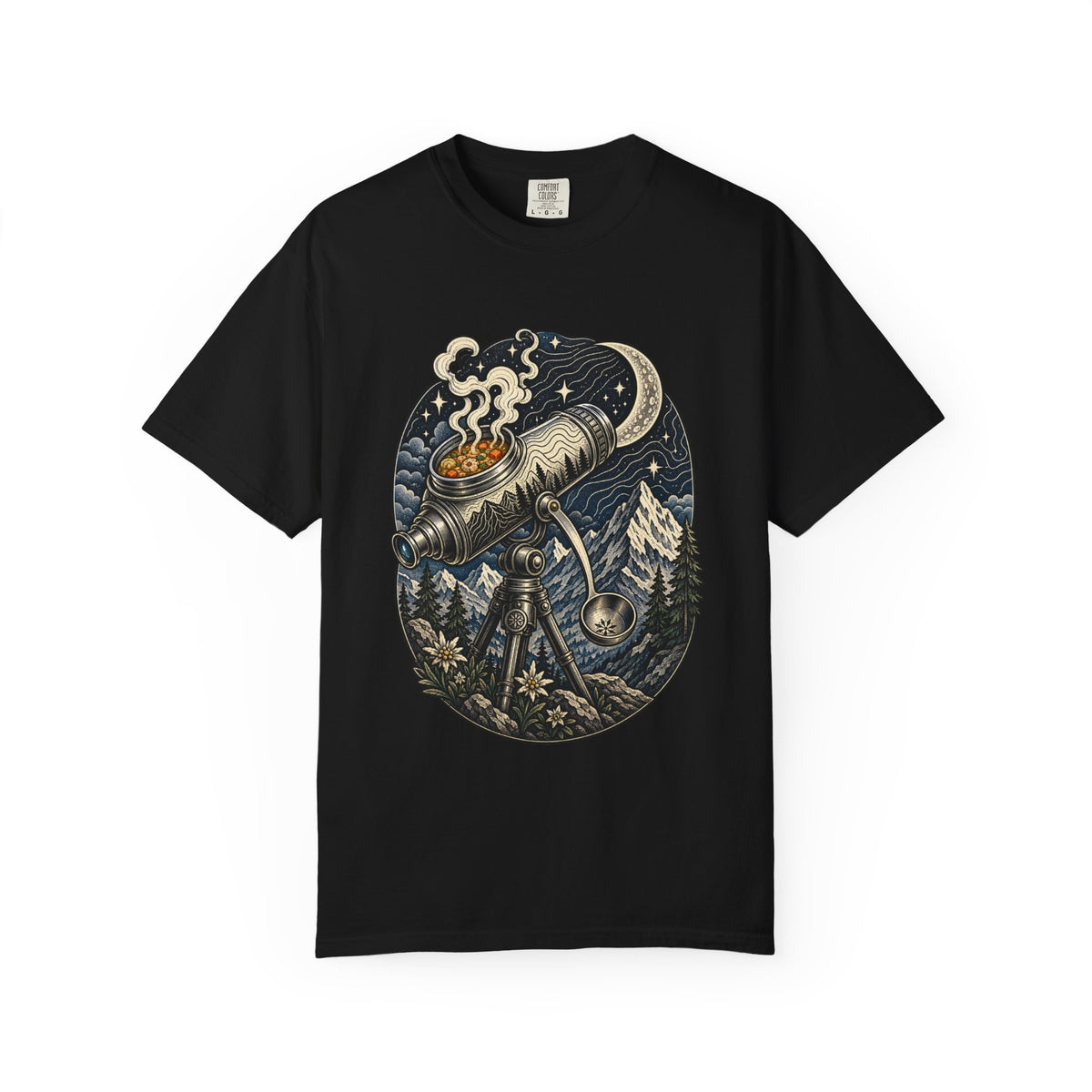 Blackwork Alpine Soup Telescope T-Shirt Graphic