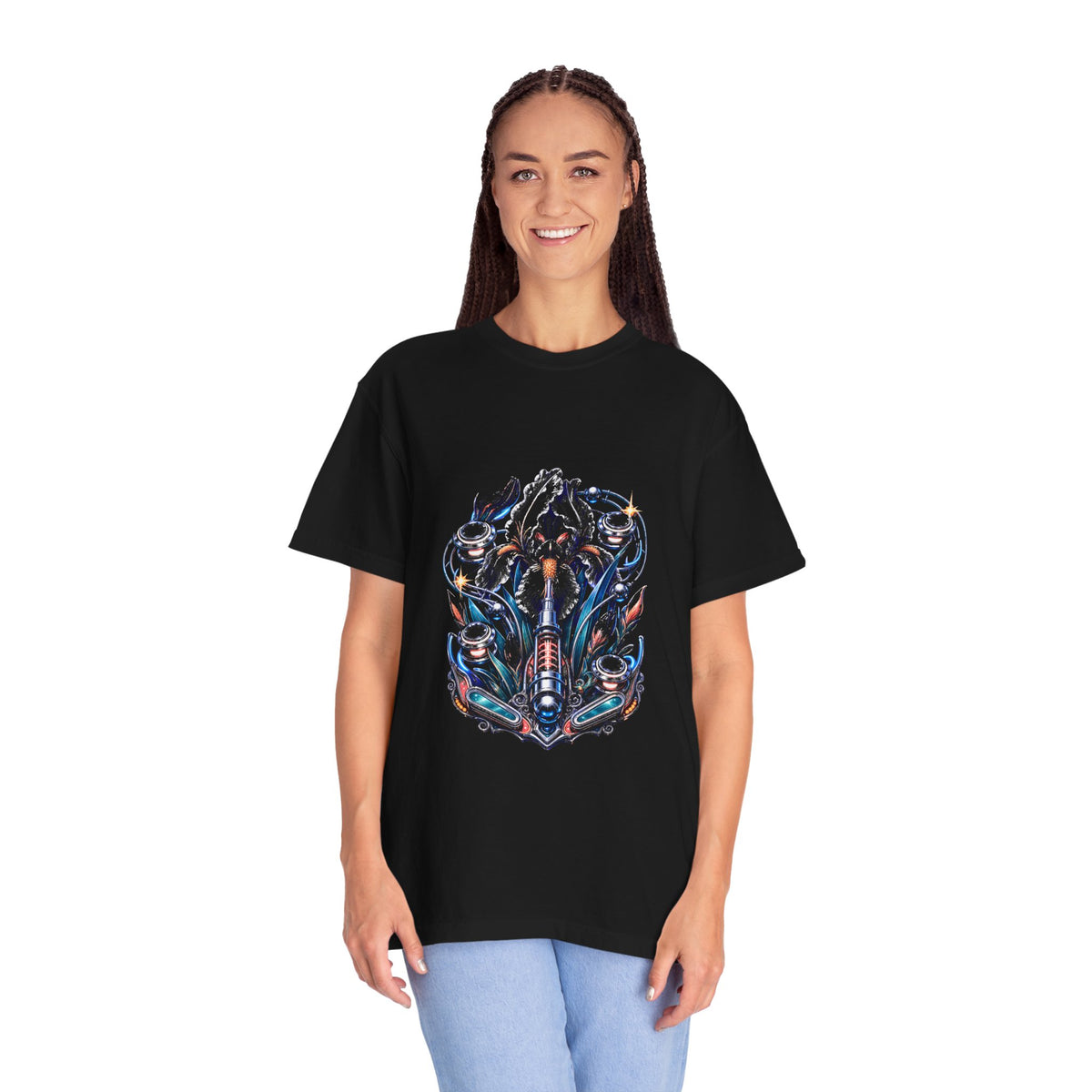 Retro-Futurist Botanical Pinball Iris T-Shirt Graphic