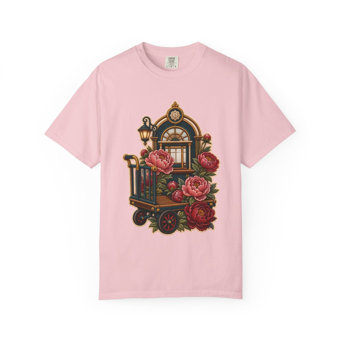Embroidered Train Station Peony Trolley T-Shirt Graphic