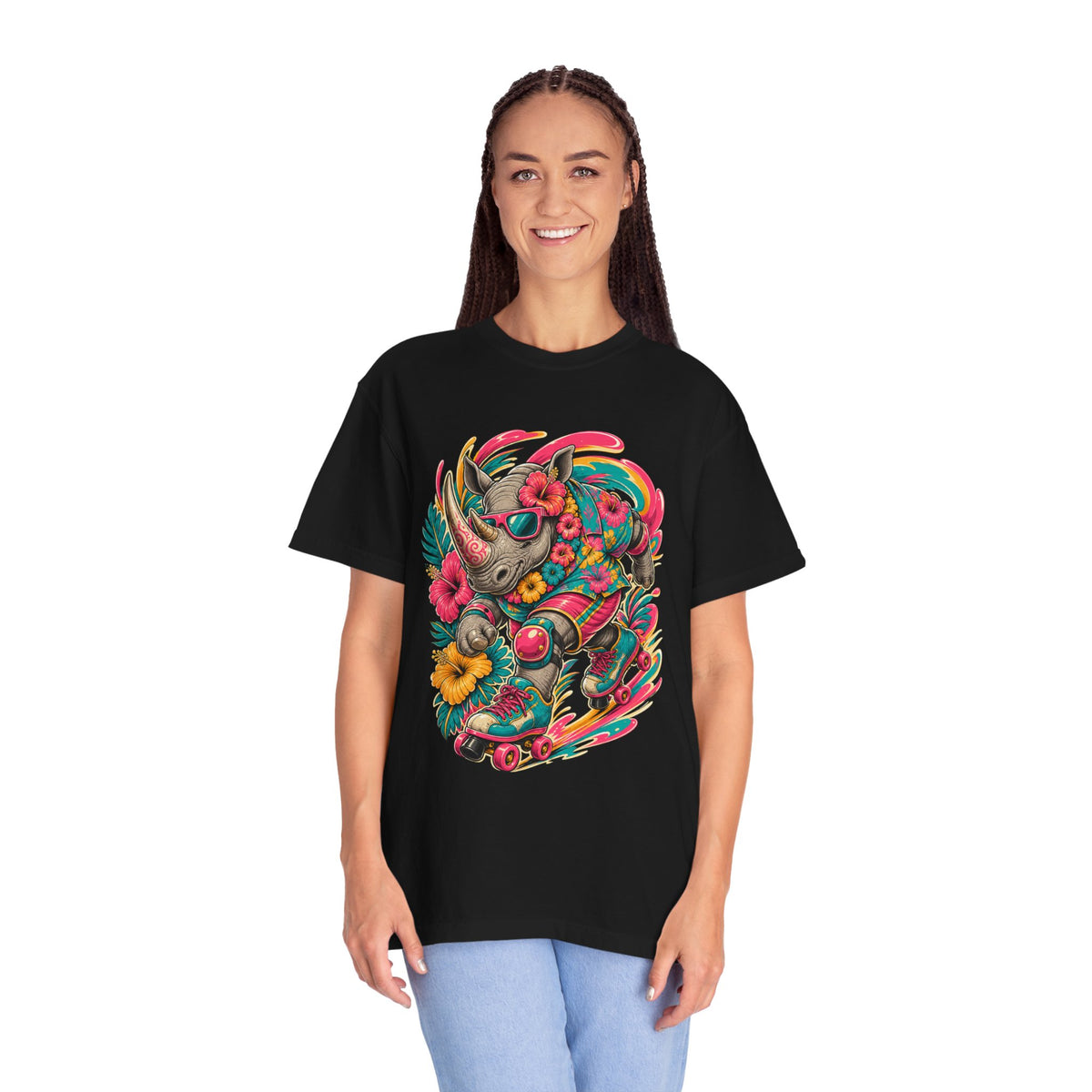 Neon Hibiscus Rhino Skater T-Shirt Graphic