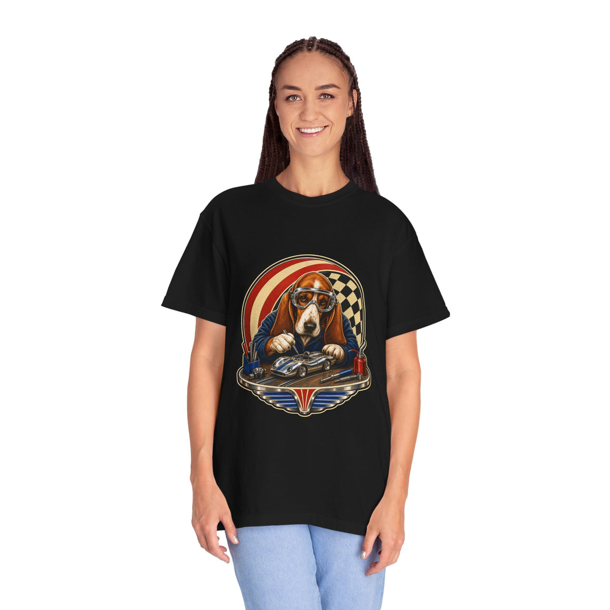 Retro Chrome Slot-Car Basset Pit Crew Graphic Tee