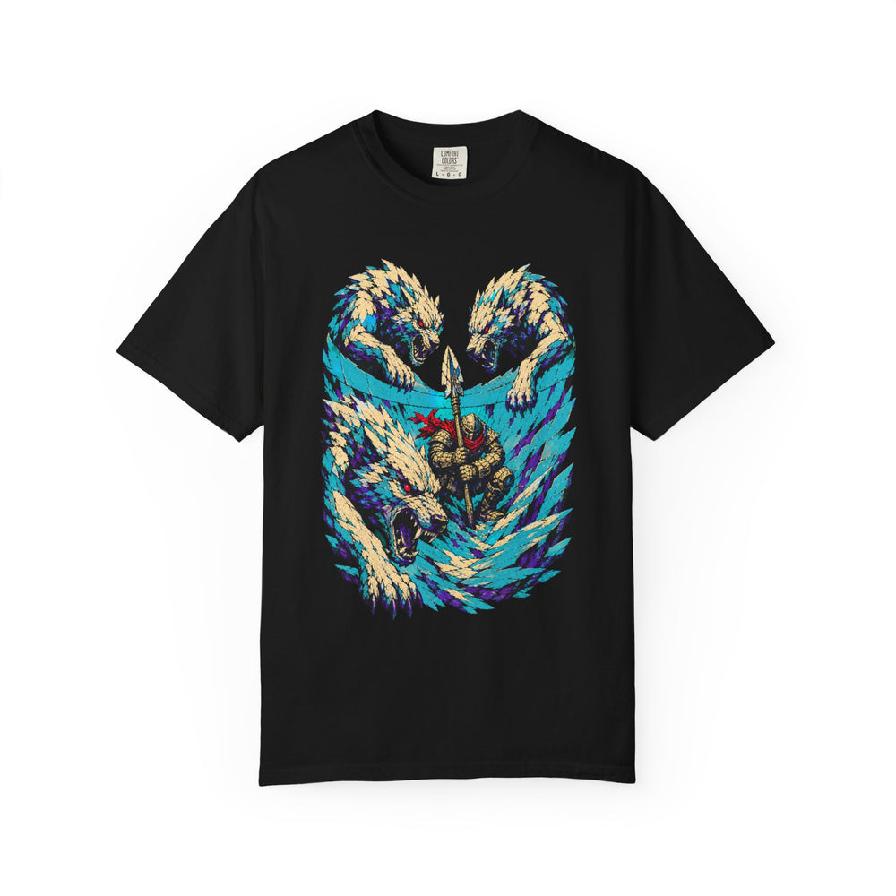 Blizzard Hunt VHS Horror Graphic Tee graphic on a Black tee