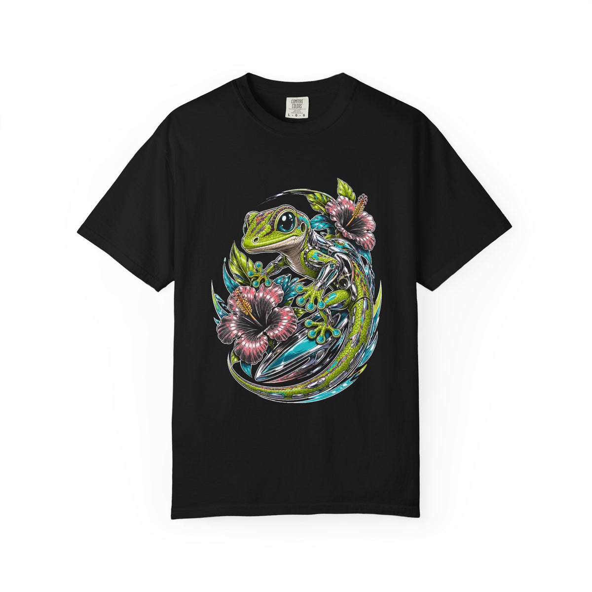 Hibiscus Mecha Gecko Tropical T-Shirt Graphic