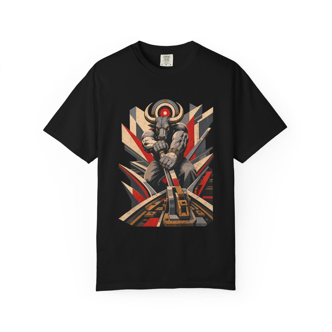 Minotaur Railmaster Brutalist Mythic Industrial Graphic Tee