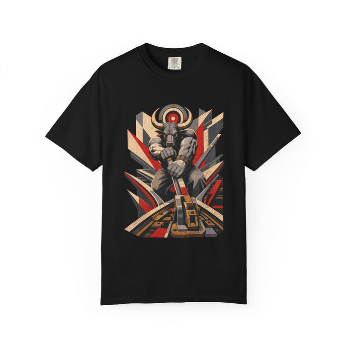 Minotaur Railmaster graphic on a Black tee