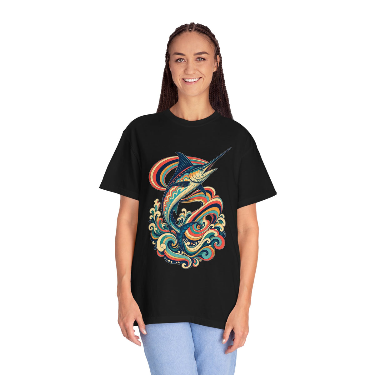 Psychedelic Swordfish Surf Stripe T-Shirt Graphic