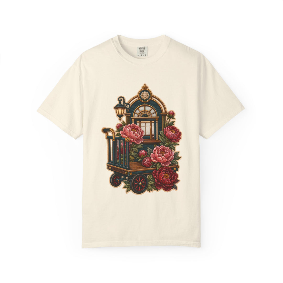 Embroidered Train Station Peony Trolley T-Shirt Graphic