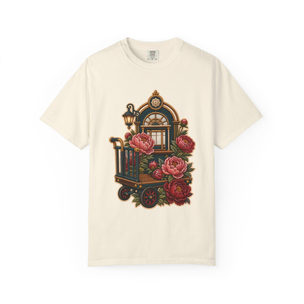 Embroidered Train Station Peony Trolley T-Shirt Graphic