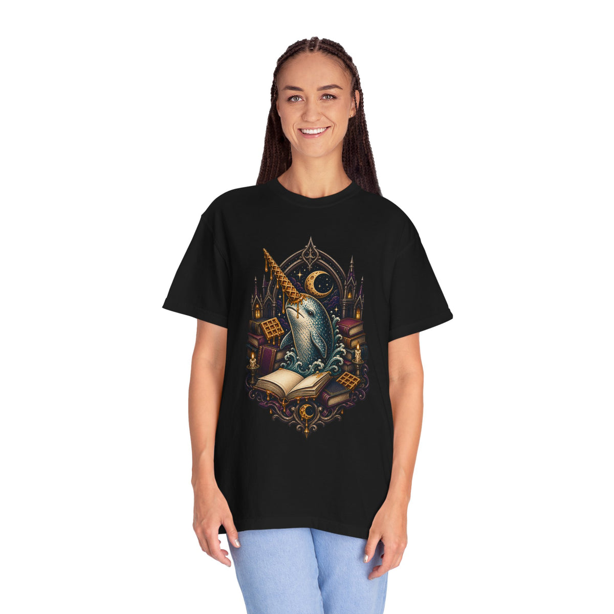 Gothic Library Waffle Narwhal T-Shirt Graphic