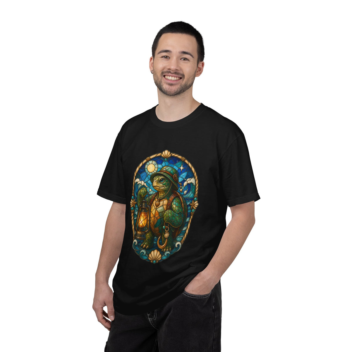 Stained Glass Fishing Lantern Turtle T-Shirt Graphic