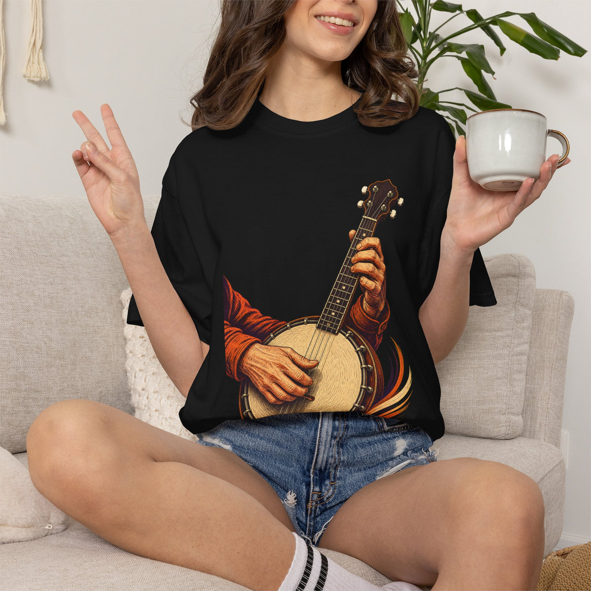 Bluegrass Banjo Hands Woodcut Graphic Tee