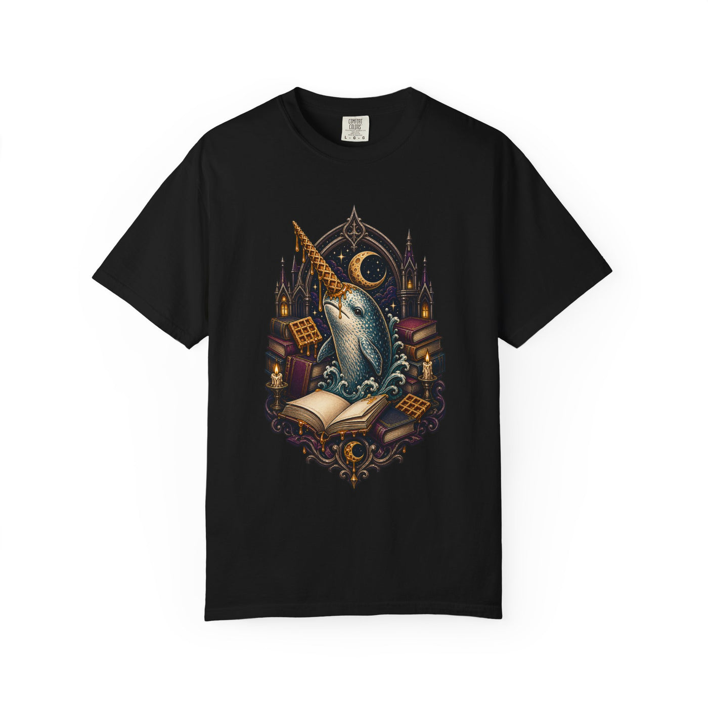 Gothic Library Waffle Narwhal T-Shirt Graphic
