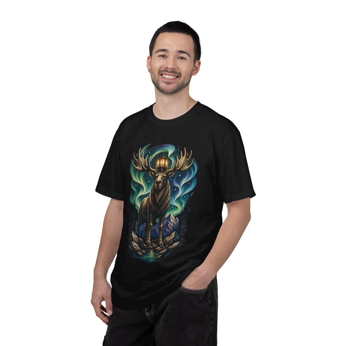 Woodcut Aurora Moose Lighthouse Graphic Tee