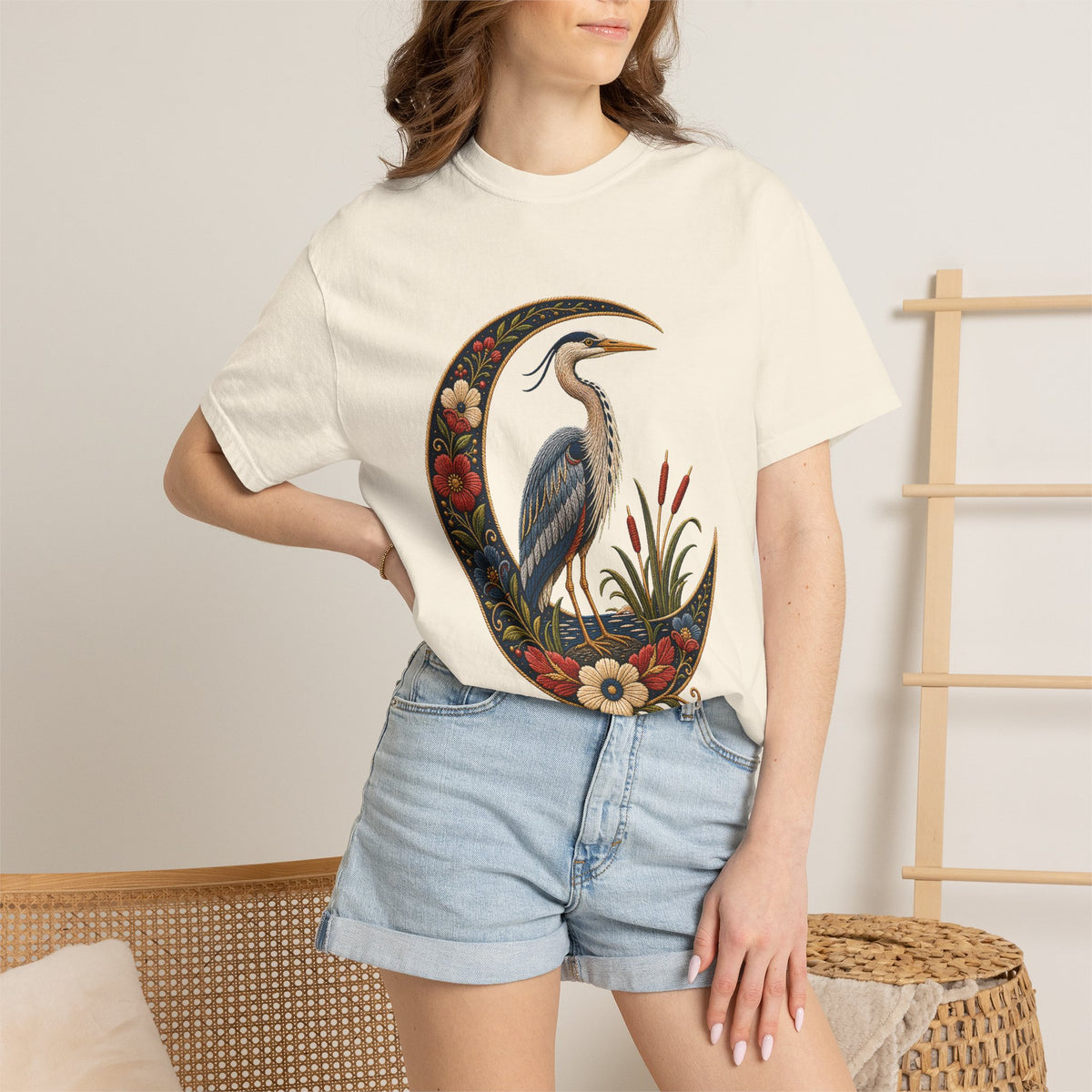 Folk Embroidery Moon Heron T-Shirt Graphic