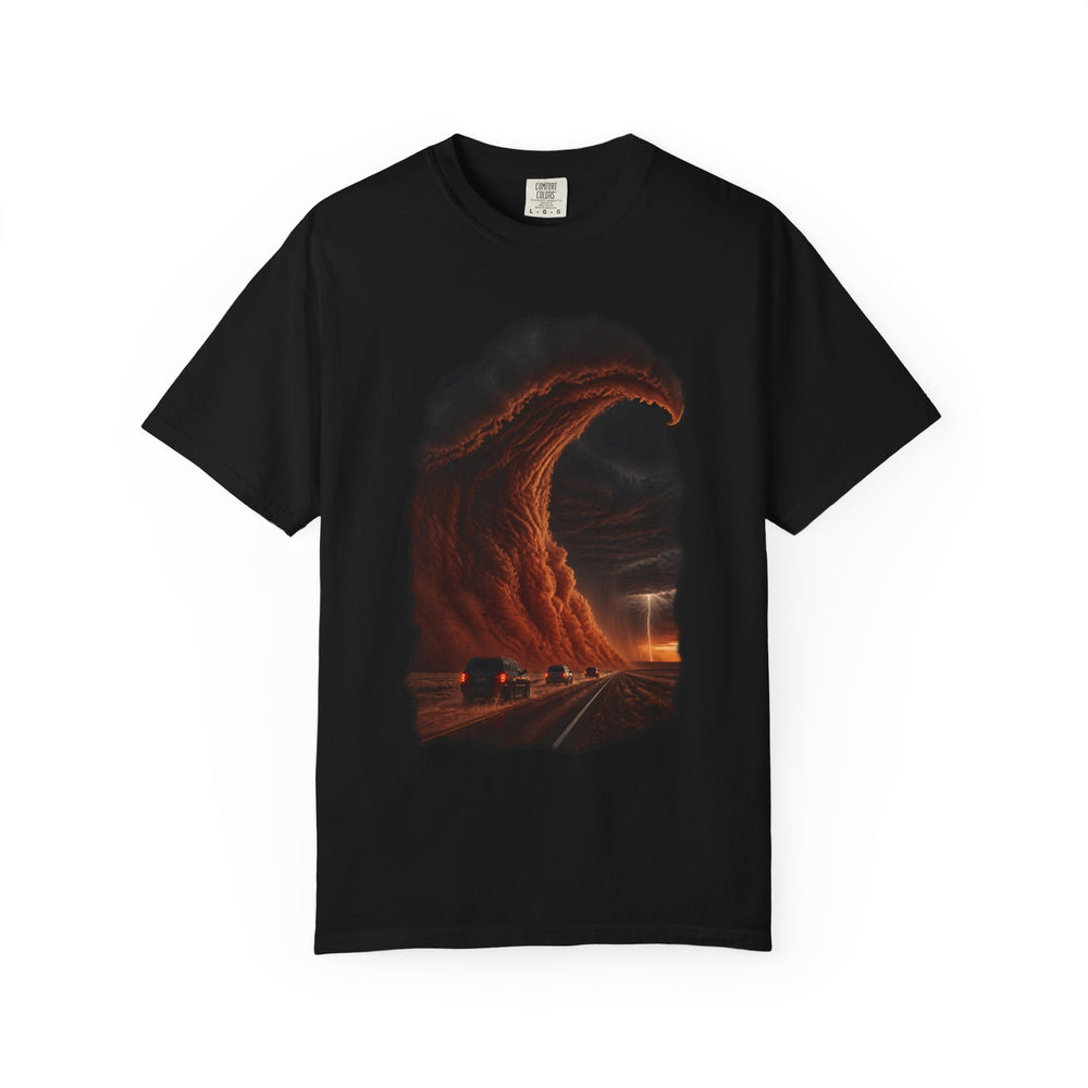 Red Dirt Outflow graphic on a Black tee