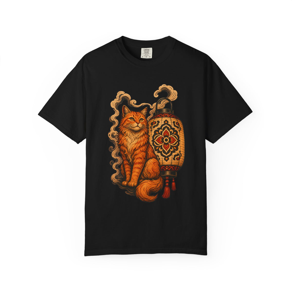 Woodcut Orange Cat Lantern Graphic Tee