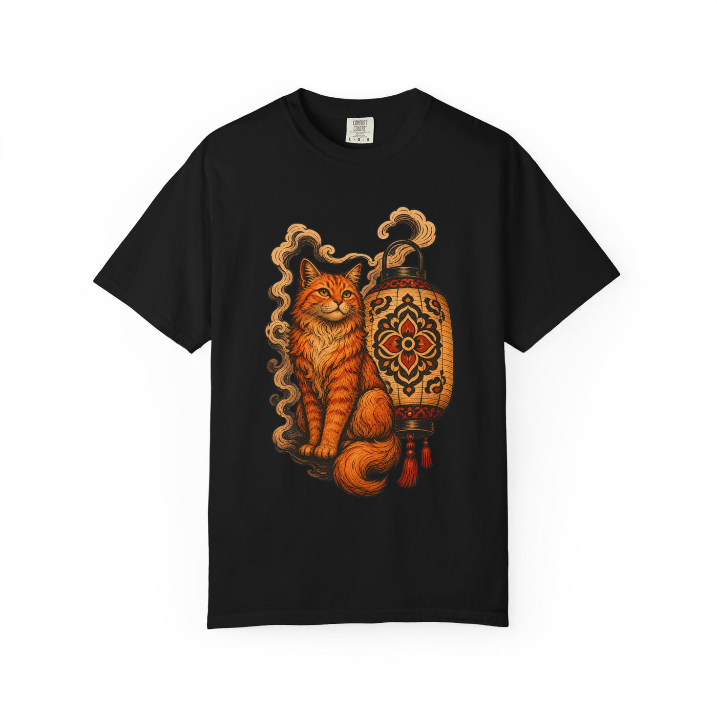 Woodcut Orange Cat Lantern Graphic Tee