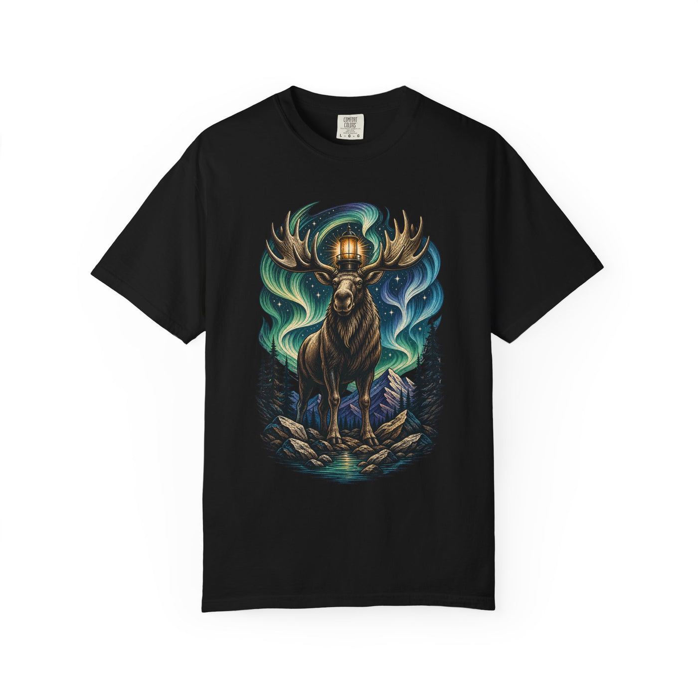 Woodcut Aurora Moose Lighthouse Graphic Tee
