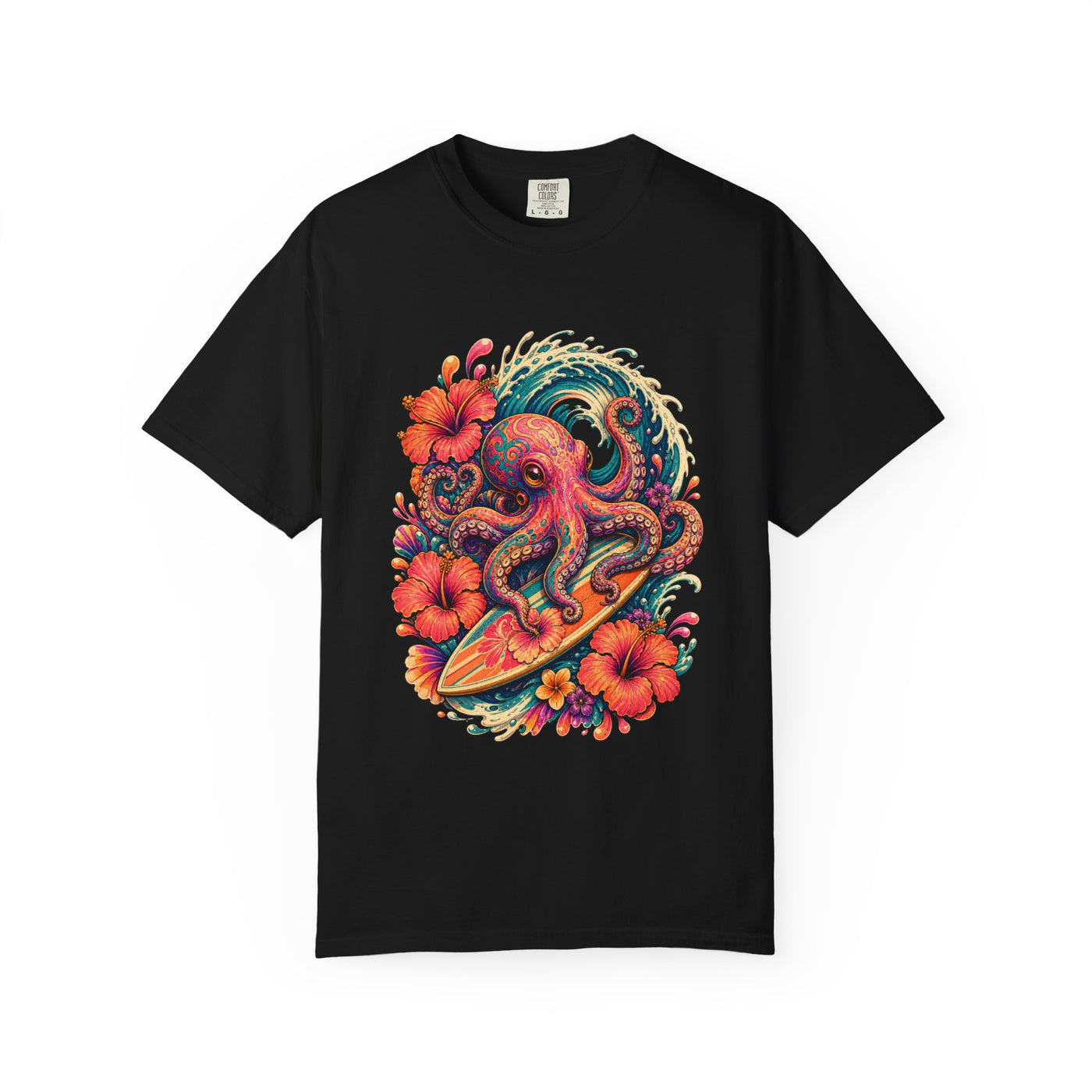 Psychedelic Hibiscus Octopus Surfer T-Shirt Graphic