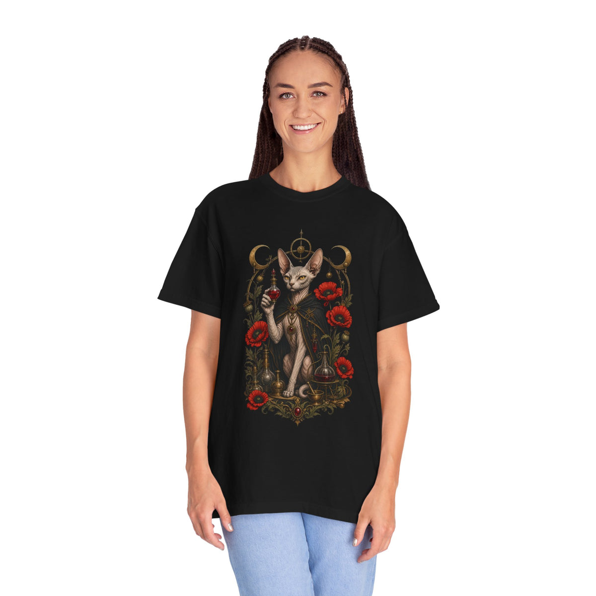 Gothic Poppy Sphinx Cat Graphic Tee