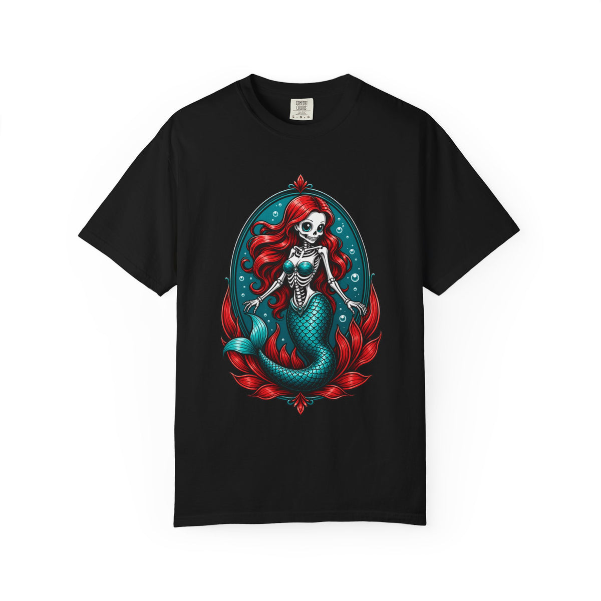 Red Hair Skeleton Mermaid Badge T-Shirt Graphic