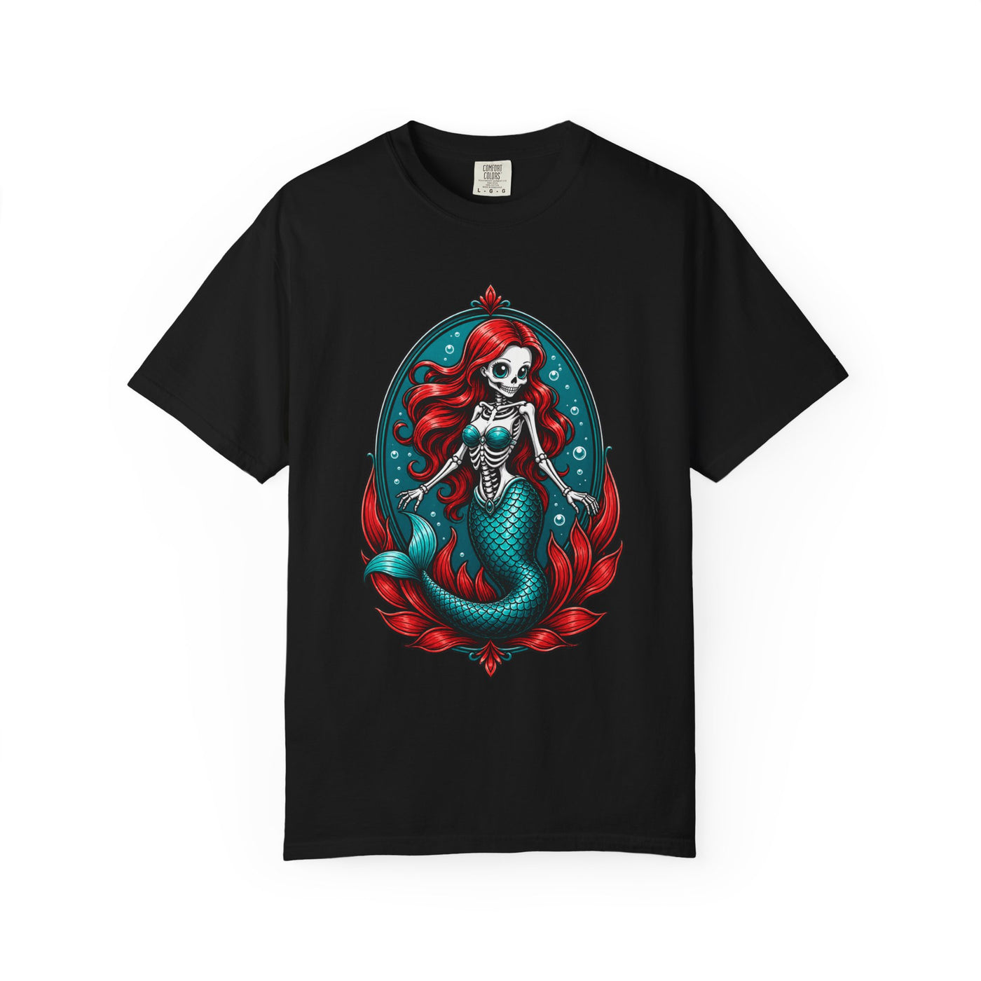 Red Hair Skeleton Mermaid Badge T-Shirt Graphic