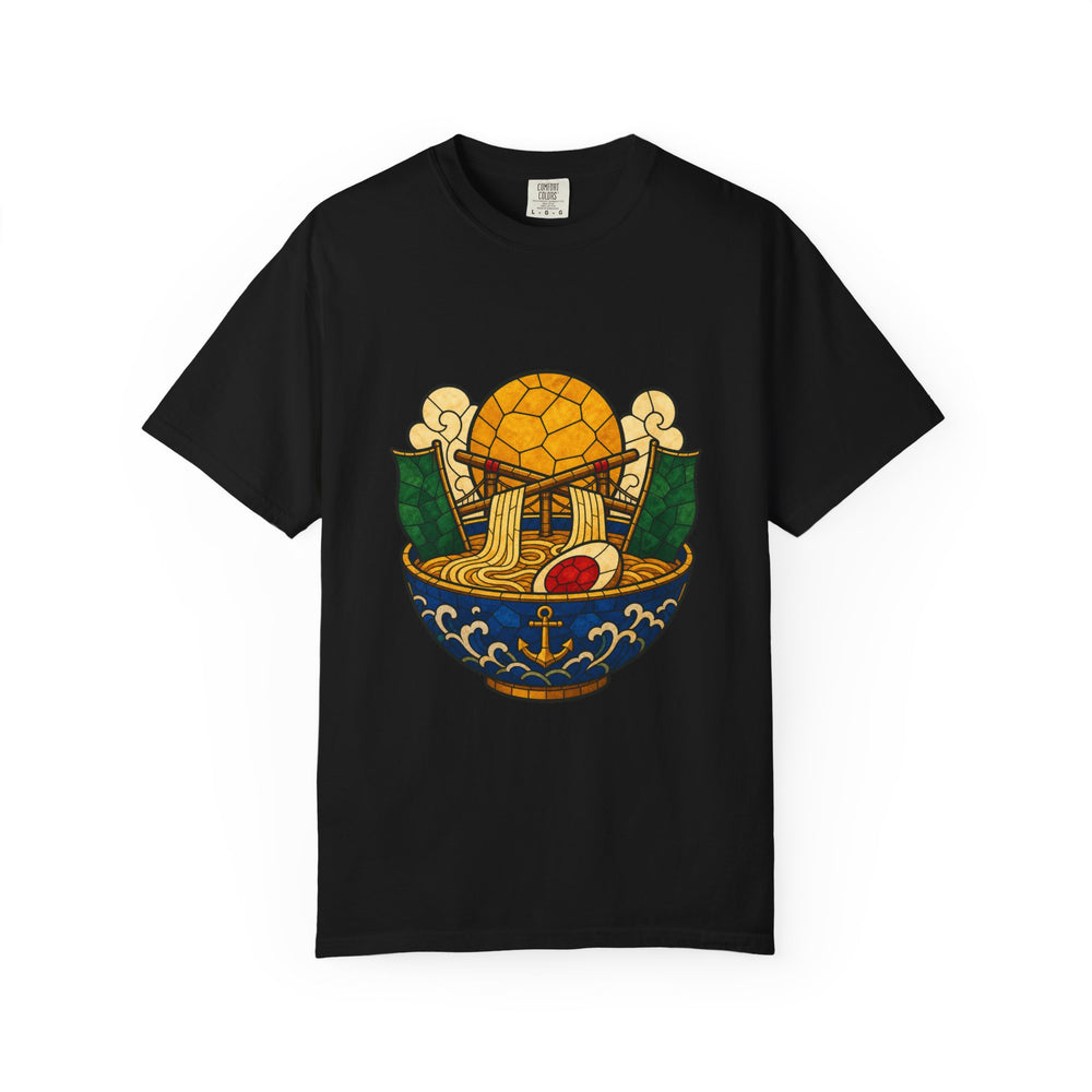 Ramen Moon Harbor Stained Glass Adventure Graphic Tee graphic on a Black tee
