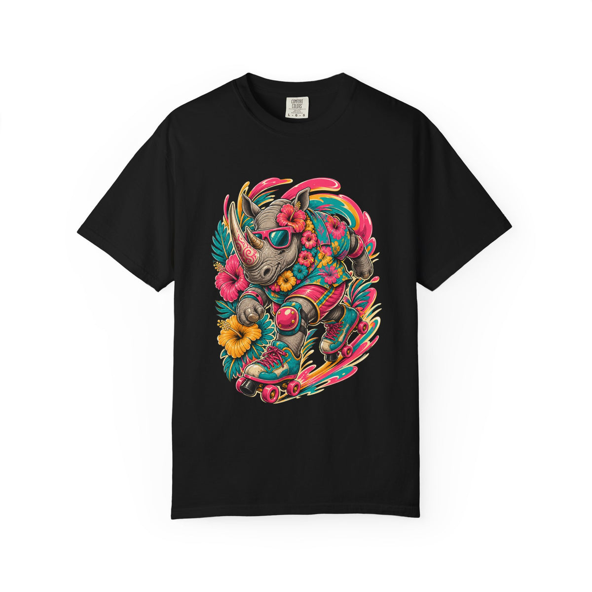 Neon Hibiscus Rhino Skater T-Shirt Graphic