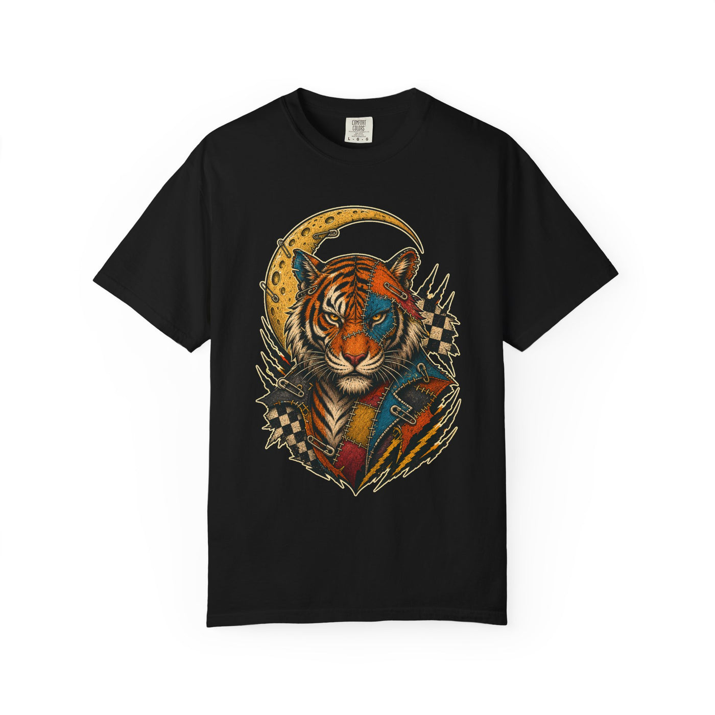 Punk Patchwork Moon Tiger T-Shirt Graphic
