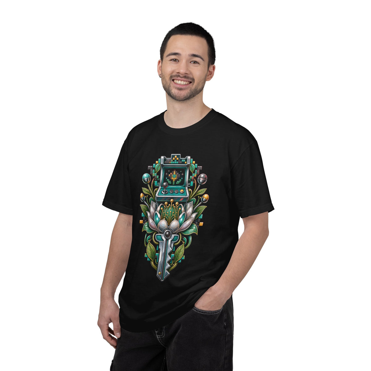 Retro-Futurist Botanical Arcade Key T-Shirt Graphic
