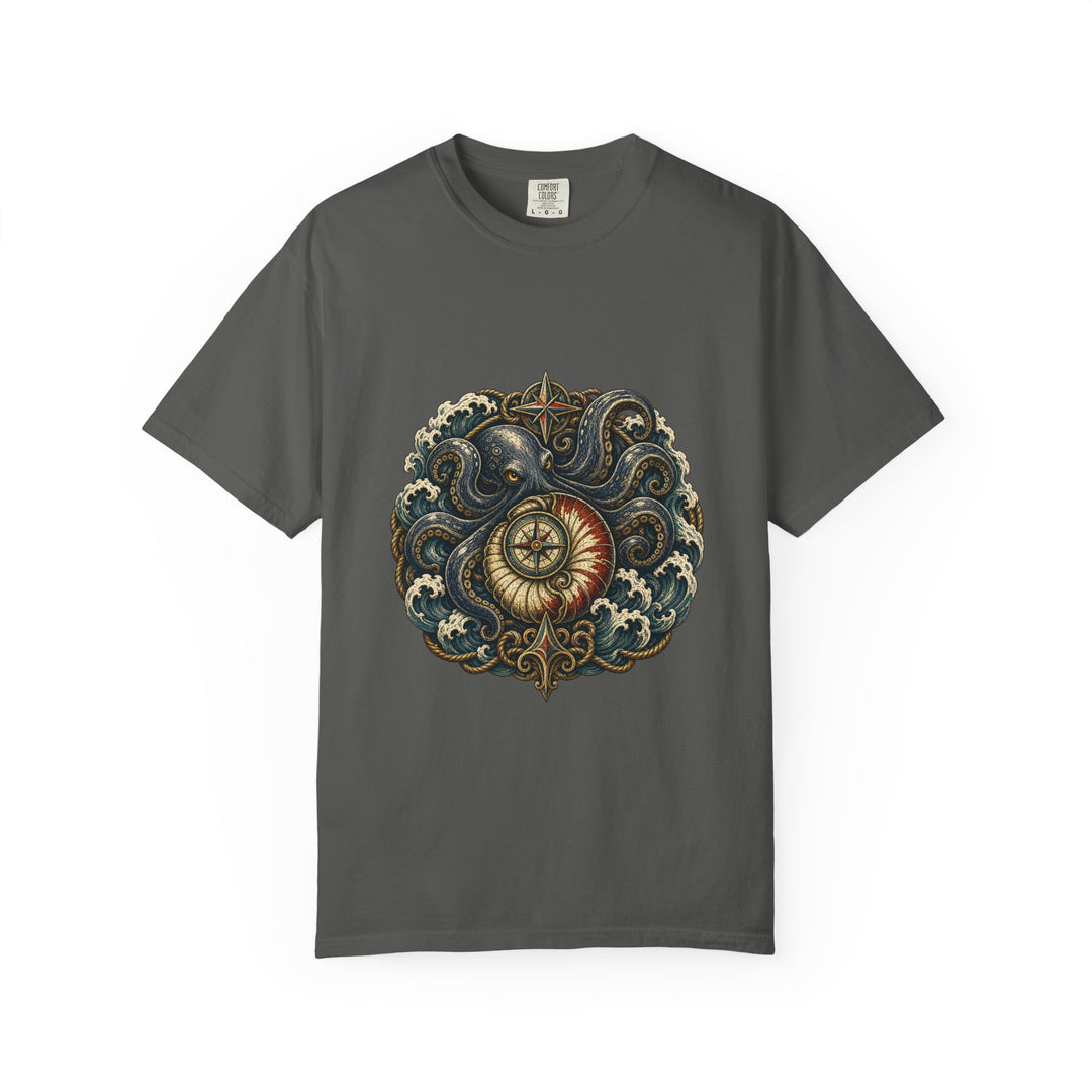 Woodcut Kraken Compass Shell T-Shirt Graphic
