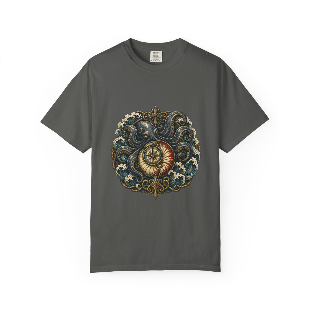 Woodcut Kraken Compass Shell T-Shirt Graphic