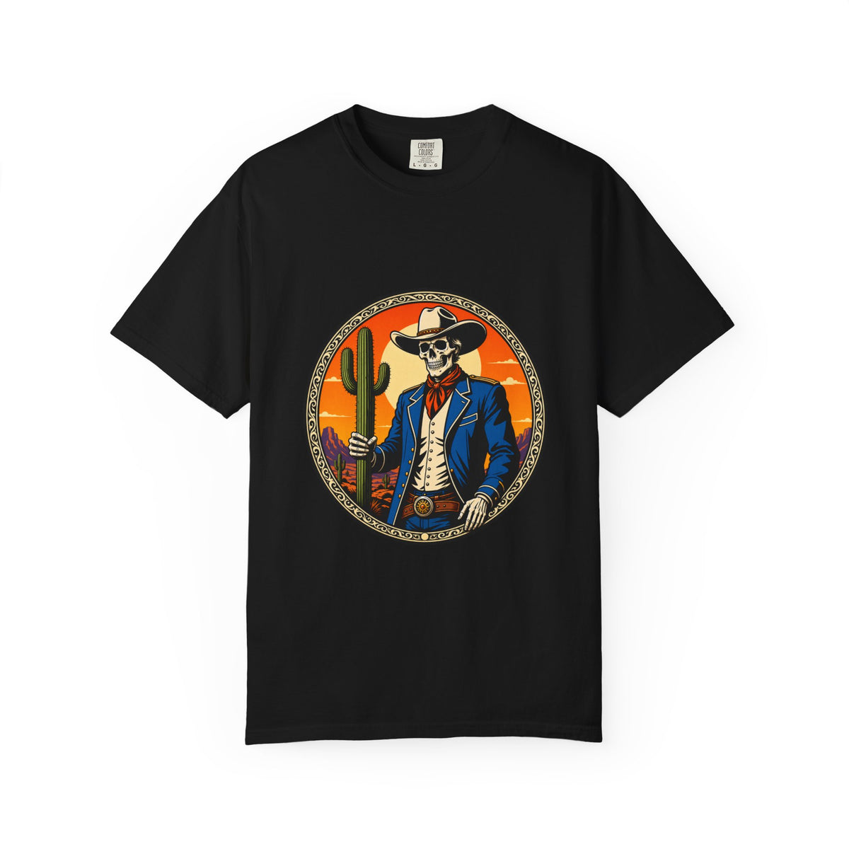Skeleton Cowboy Sunset Emblem T-Shirt Graphic