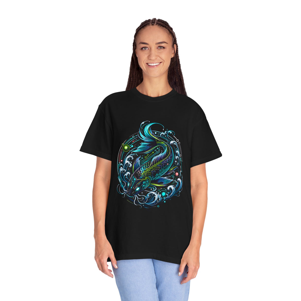 Neon Circuit Koi Wave T-Shirt Graphic
