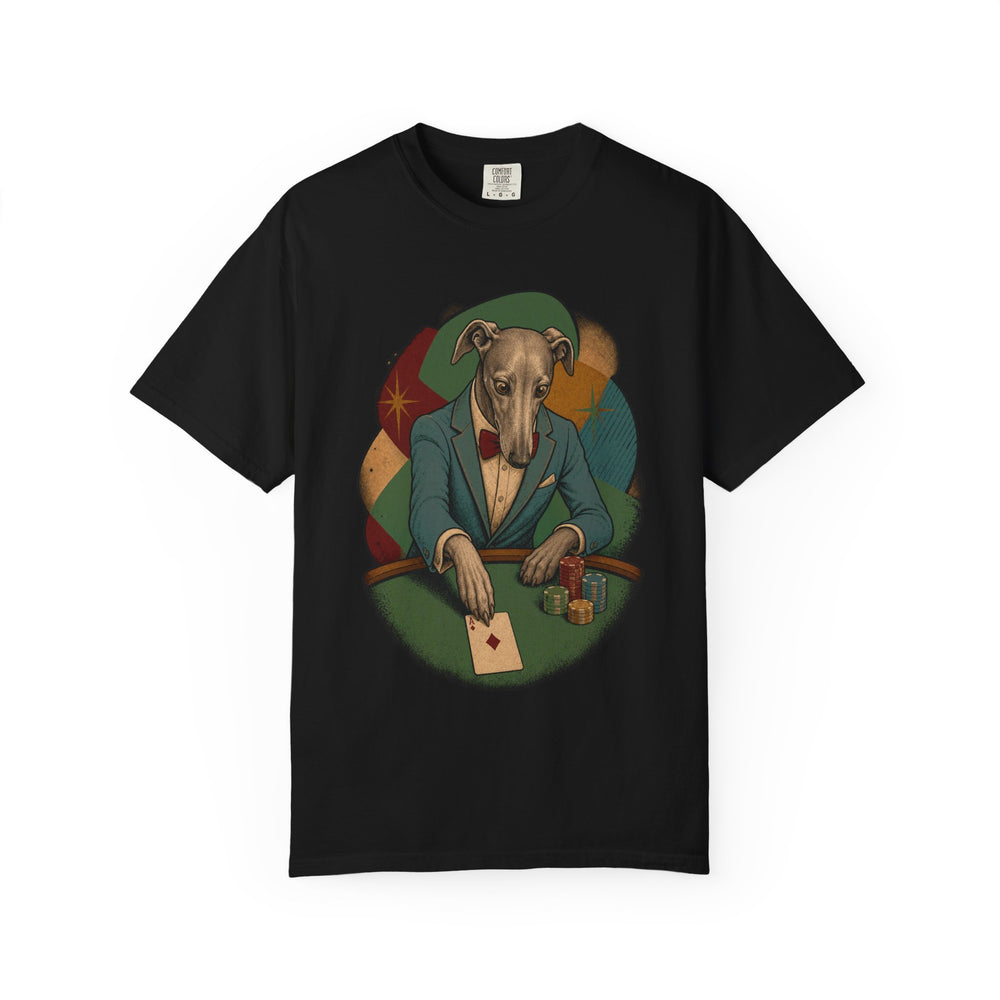 Greyhound River Card graphic on a Black tee