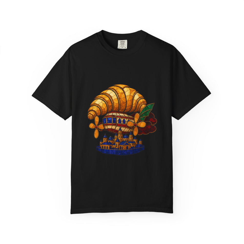 Croissant Airship Stained Glass Adventure Graphic Tee graphic on a Black tee