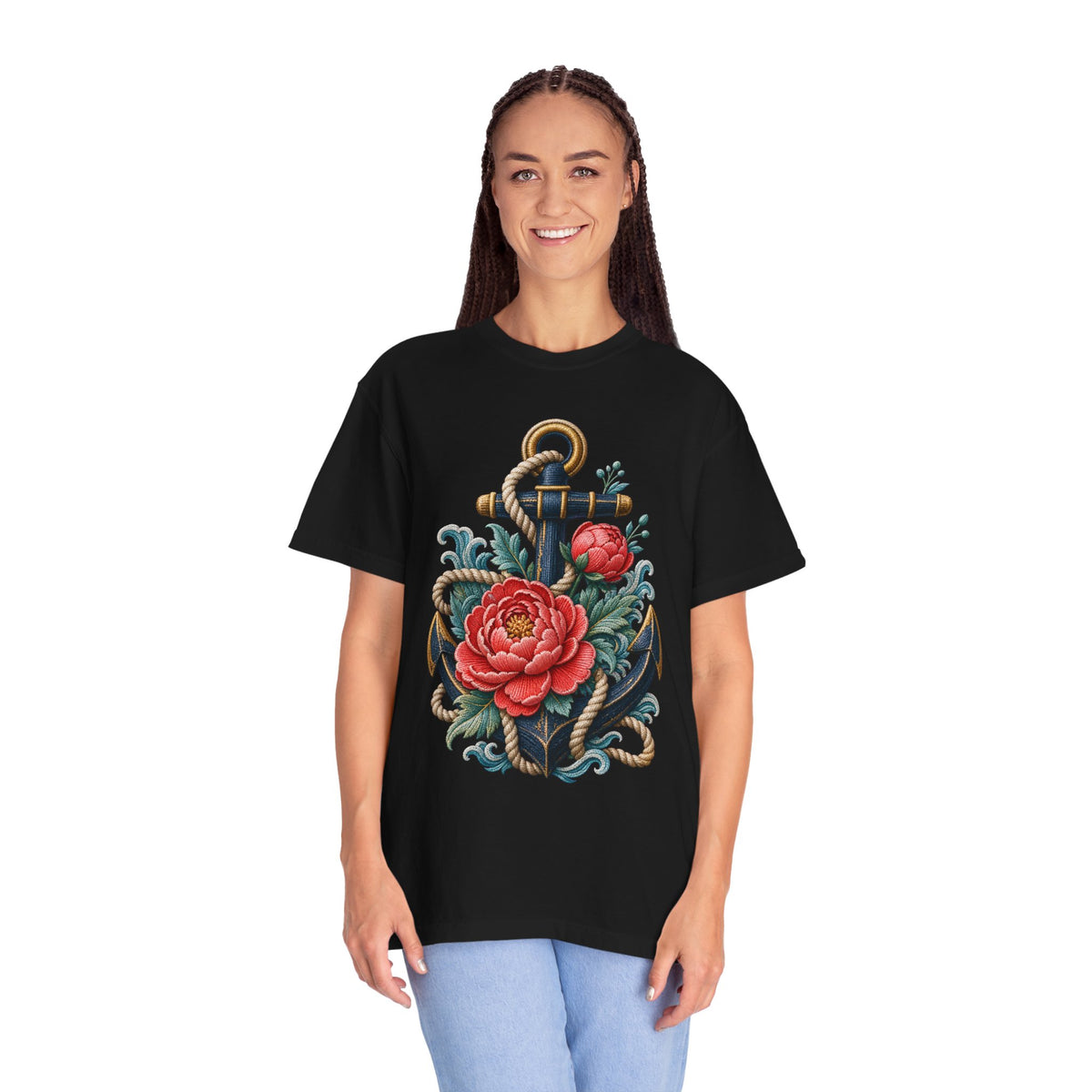Embroidered Anchor Peony T-Shirt Graphic