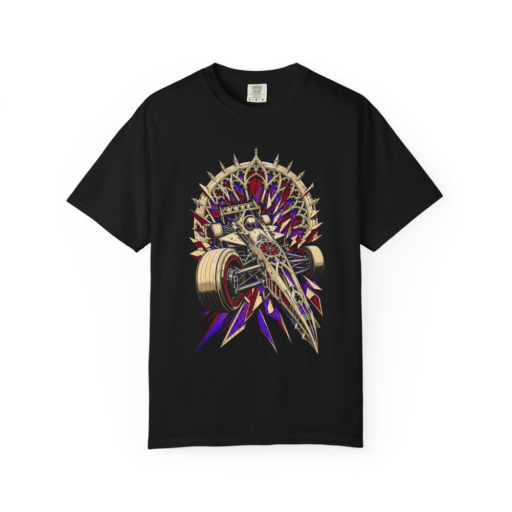 Cathedral Launch Gothic Racing Graphic Tee graphic on a Black tee