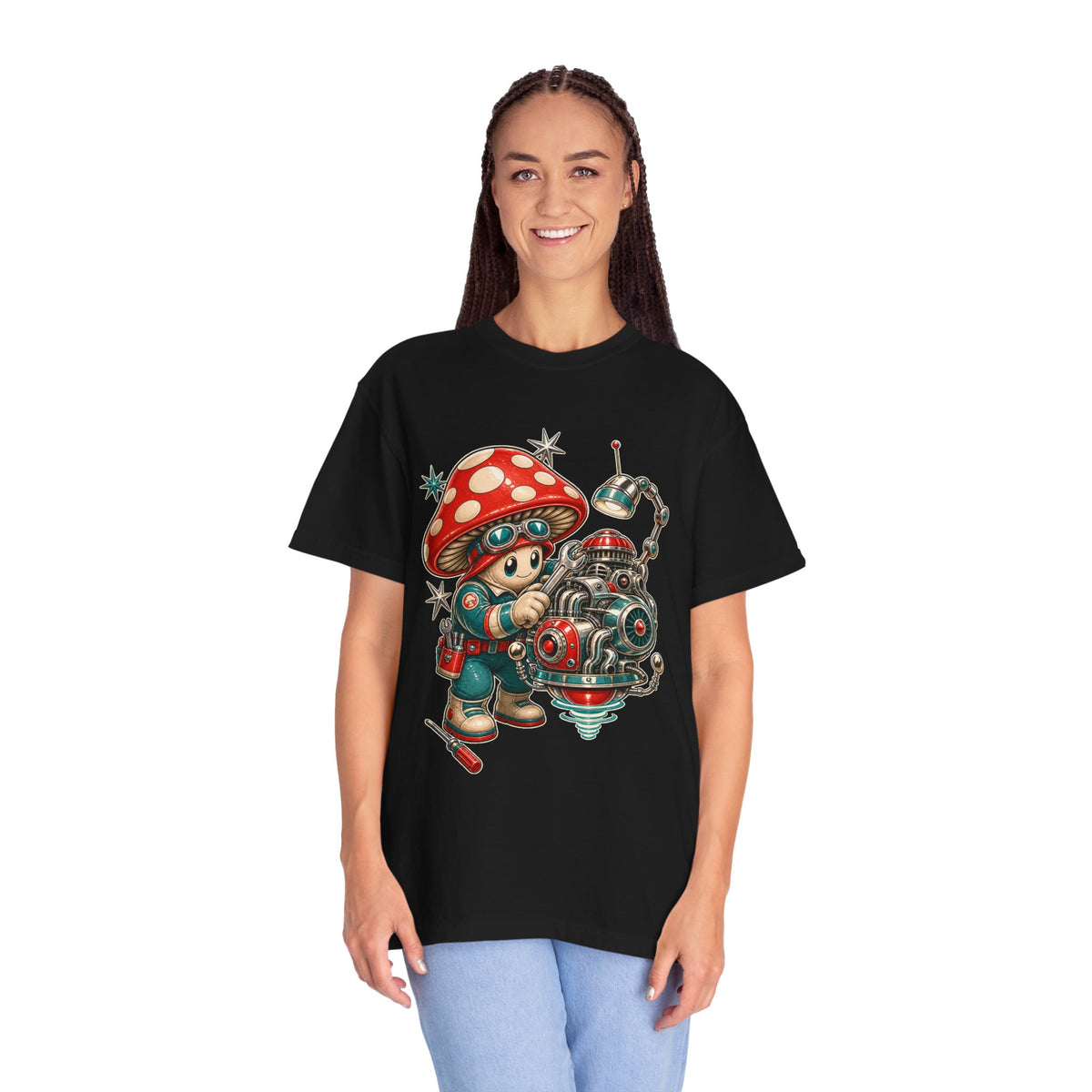 Retro Futurist Mushroom Mechanic T-Shirt Graphic