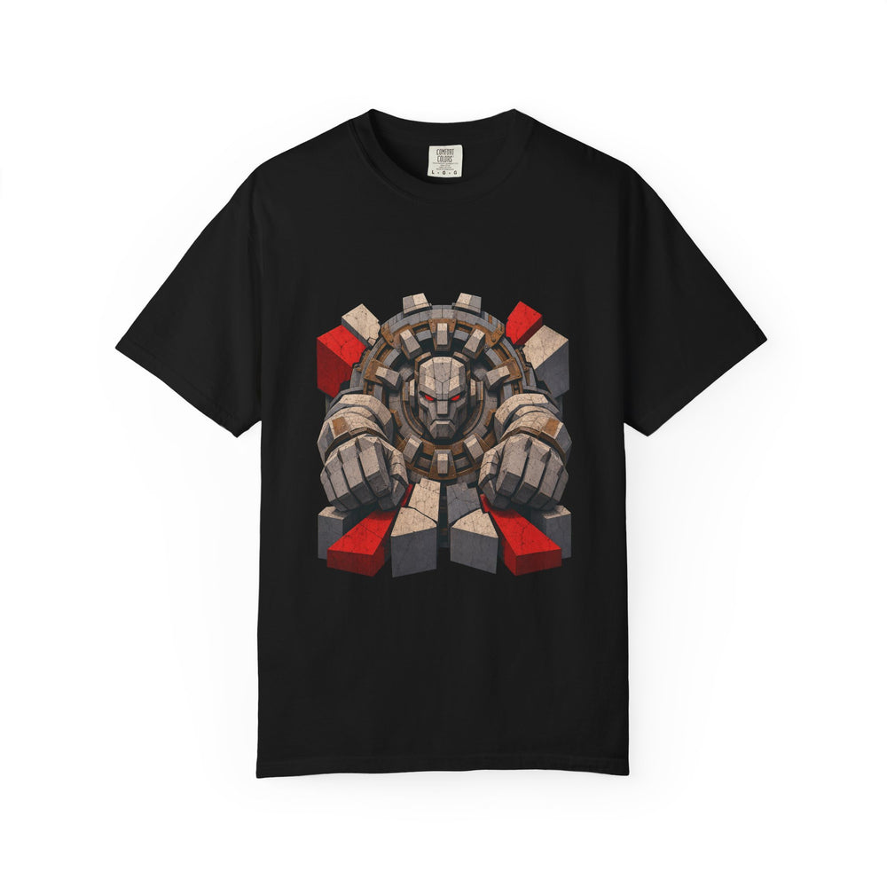 Tunnel-Borer Golem graphic on a Black tee