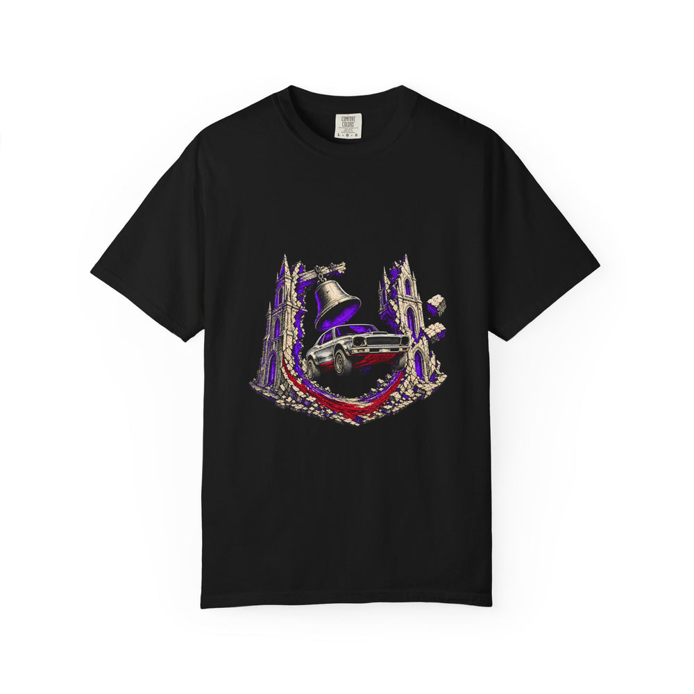 Bell Tower Rally Gothic Car Graphic Tee graphic on a Black tee
