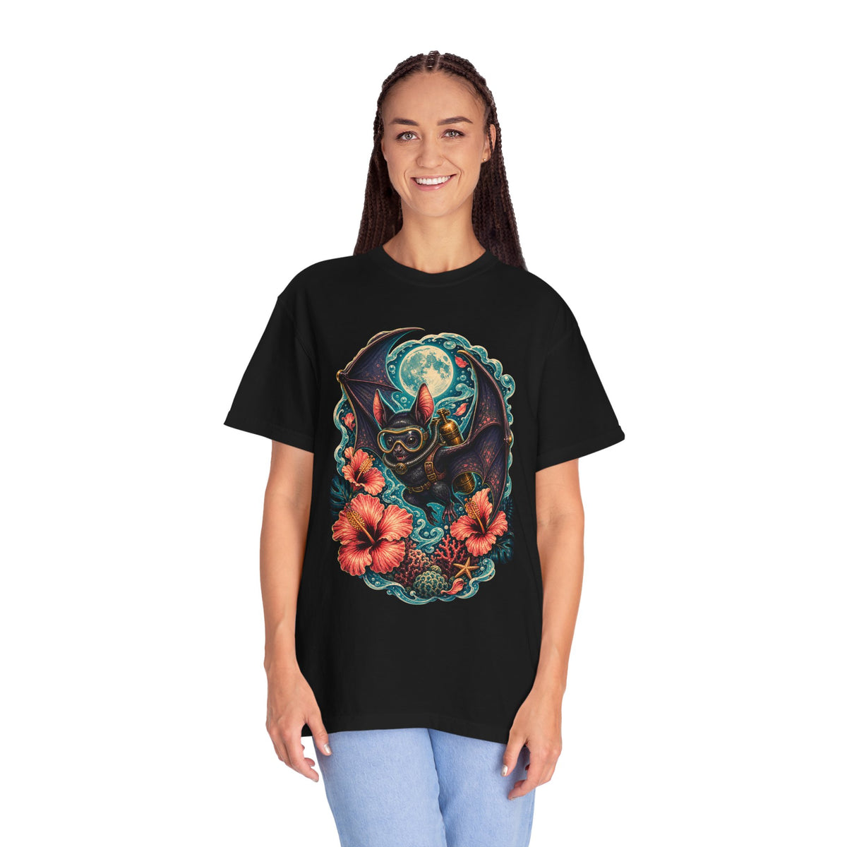 Hibiscus Bat Diver Tropical T-Shirt Graphic