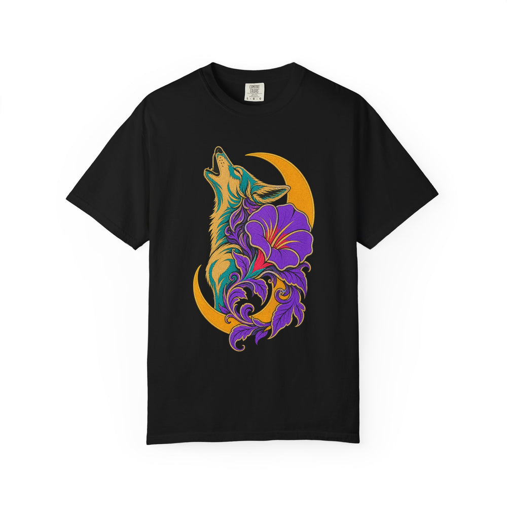 Moonflower Coyote Embroidered Western Graphic Tee graphic on a Black tee