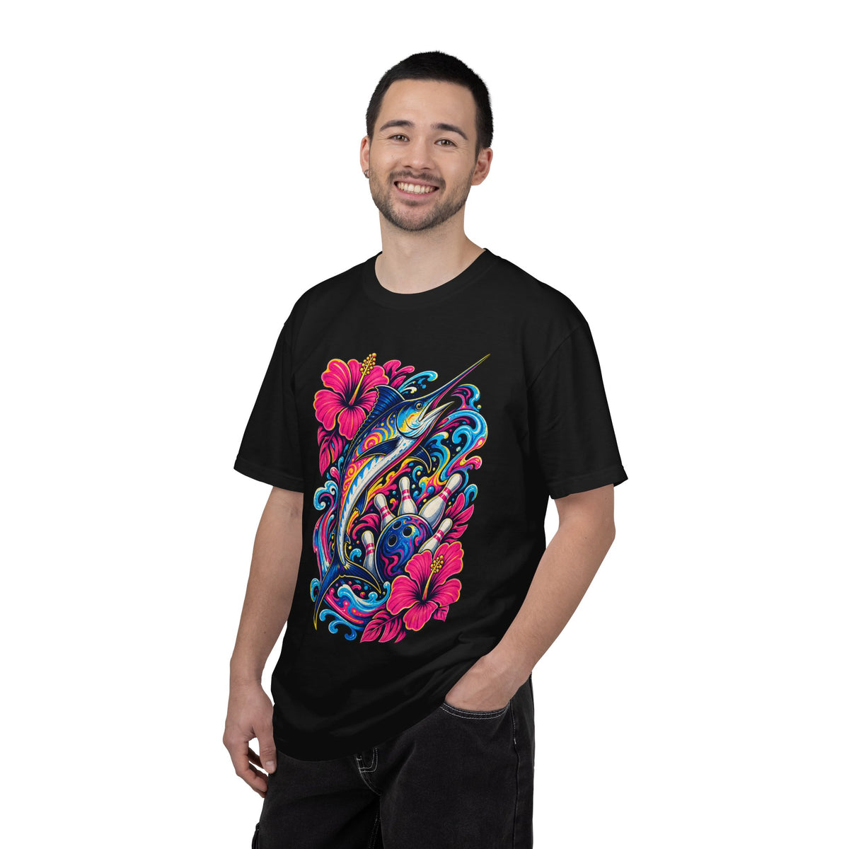 Psychedelic Hibiscus Bowling Swordfish T-Shirt Graphic