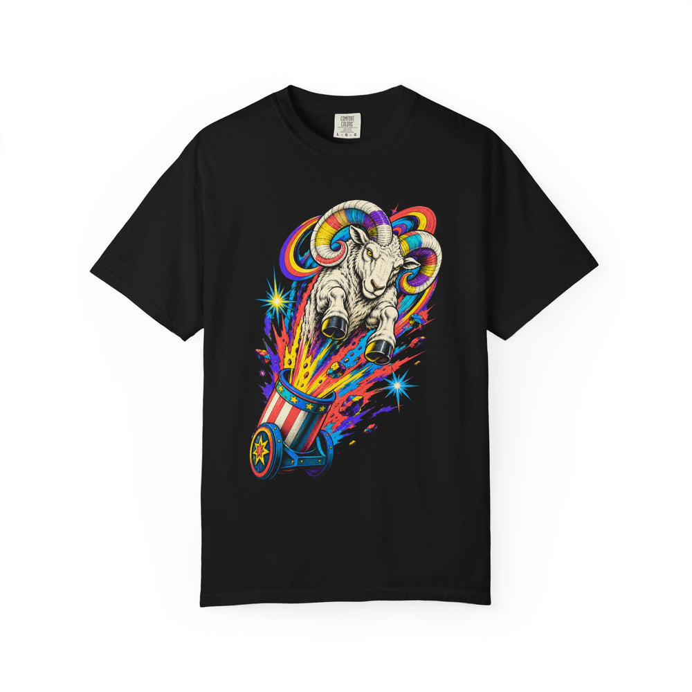 Meteor Ram Cannonball Cosmic Sideshow Graphic Tee graphic on a Black tee