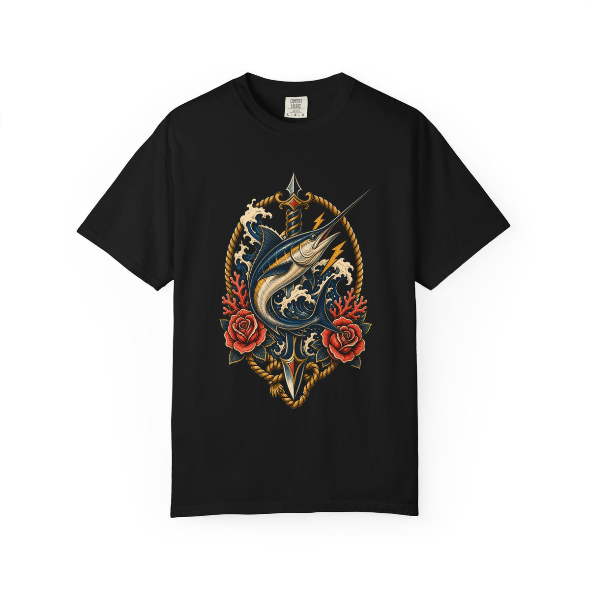 Tattoo Flash Swordfish Dagger Crest Graphic Tee